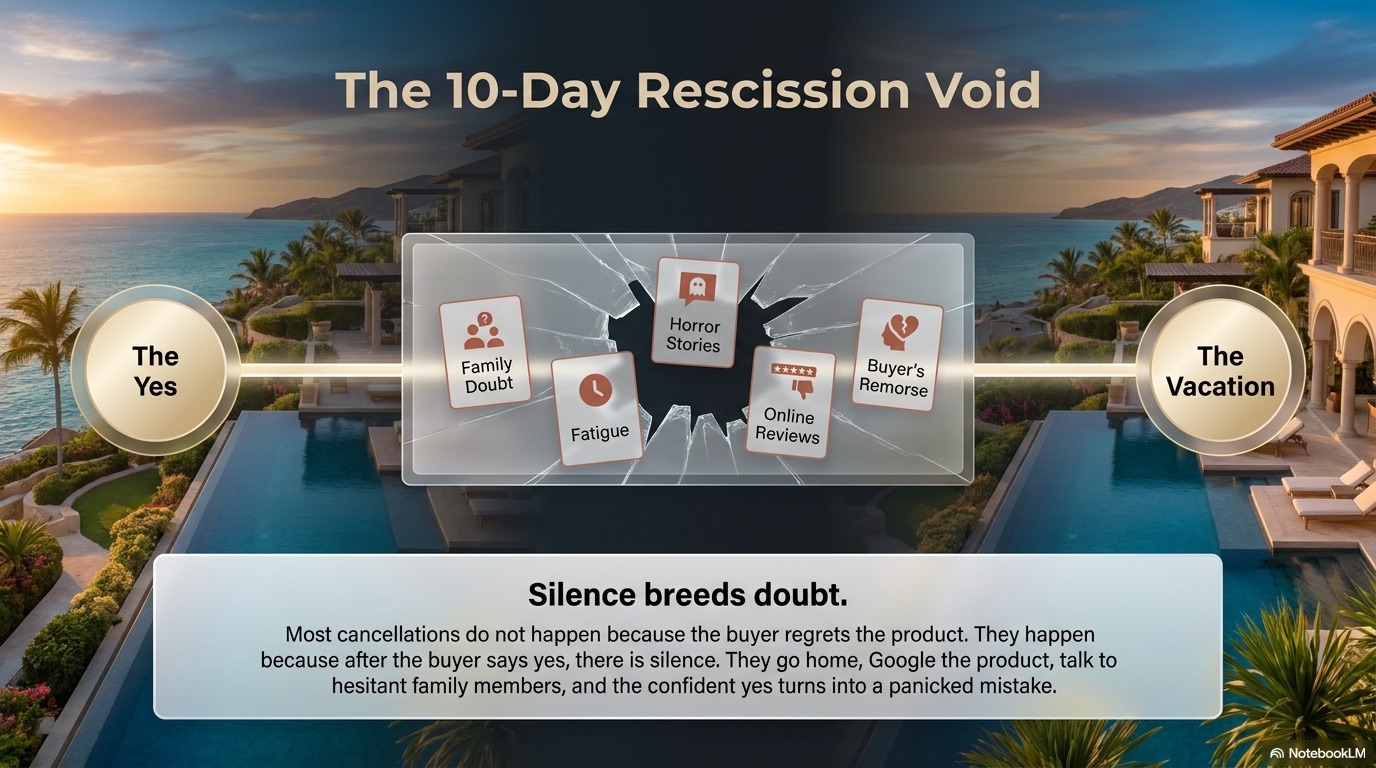 The 10-Day Rescission Void — family doubt, fatigue, horror stories, online reviews and buyer's remorse standing between the Yes and the Vacation.