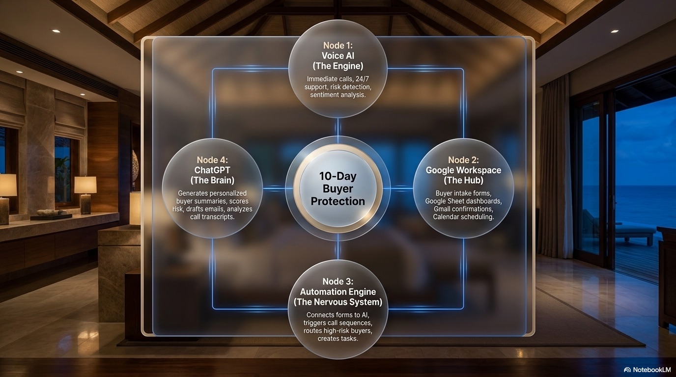 10-Day Buyer Protection architecture — Voice AI engine, Google Workspace hub, Automation Engine nervous system, ChatGPT brain.